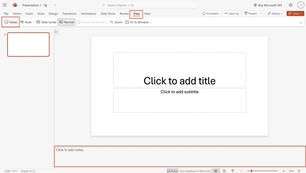 Screenshot of How to Add Notes to PowerPoint tutorial after clicking view tab and then on notes