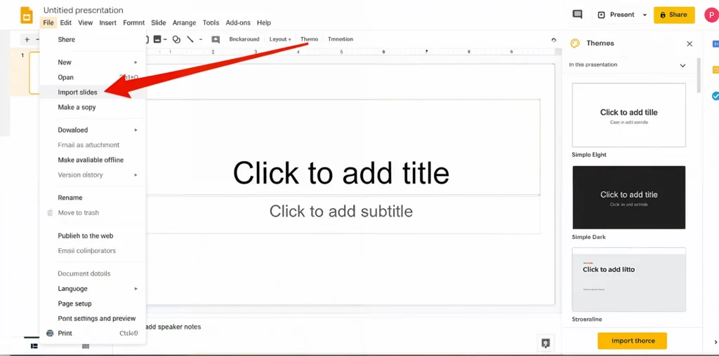 How to Convert PowerPoint to Google Slides by opening an Empty Google slide and clicking on 'File' and then choose 'Import slides'