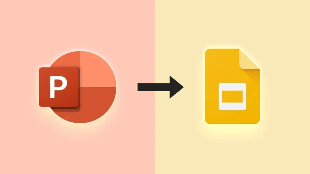How to Convert PowerPoint to Google Slides simple logo of Powerpoint pointing at logo of Google Slides using a black arrow