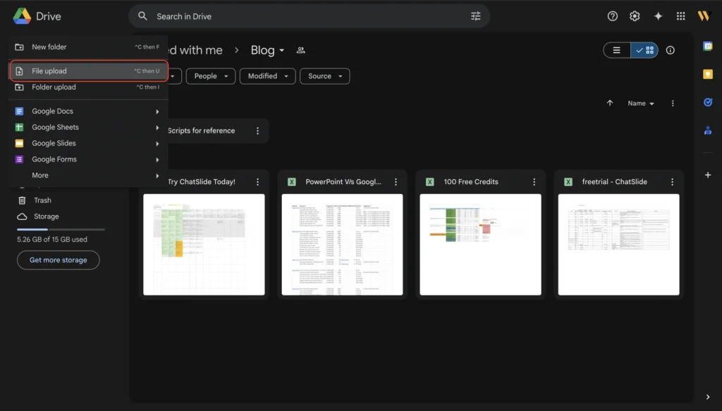 How to Convert PowerPoint to Google Slides by uploading a Presentation by visiting Google drive and clicking on 'File upload'