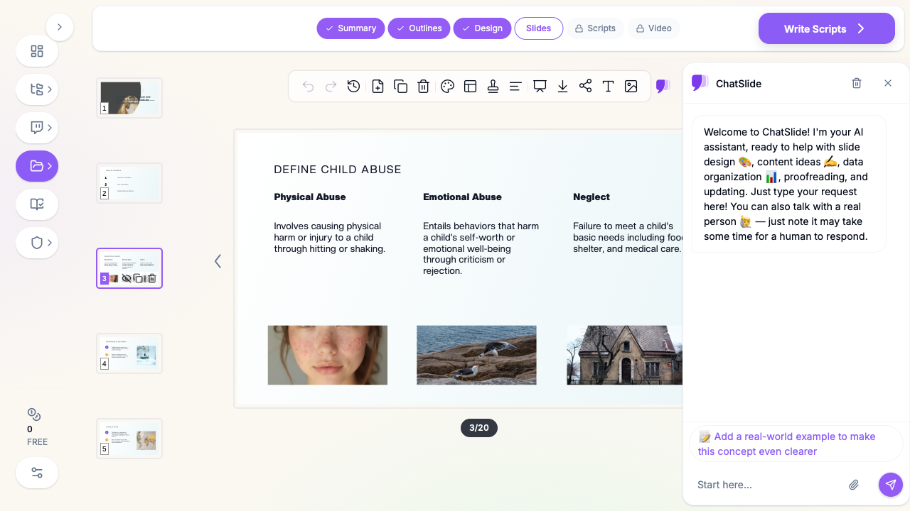 ChatSlide showing a child abuse recognition lecture slide defining physical abuse, emotional abuse, and neglect