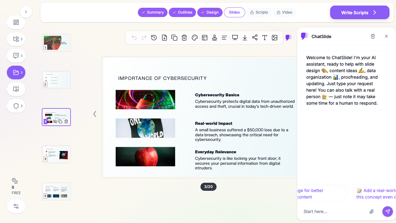 ChatSlide editor showing a slide titled "Importance of Cybersecurity" with supporting visuals and structured talking points