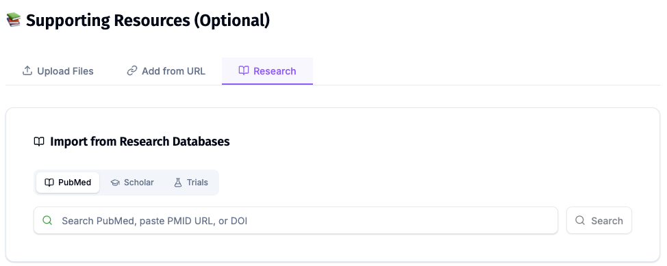 ChatSlide PubMed, Google Scholar, and Clinical Trials import interface